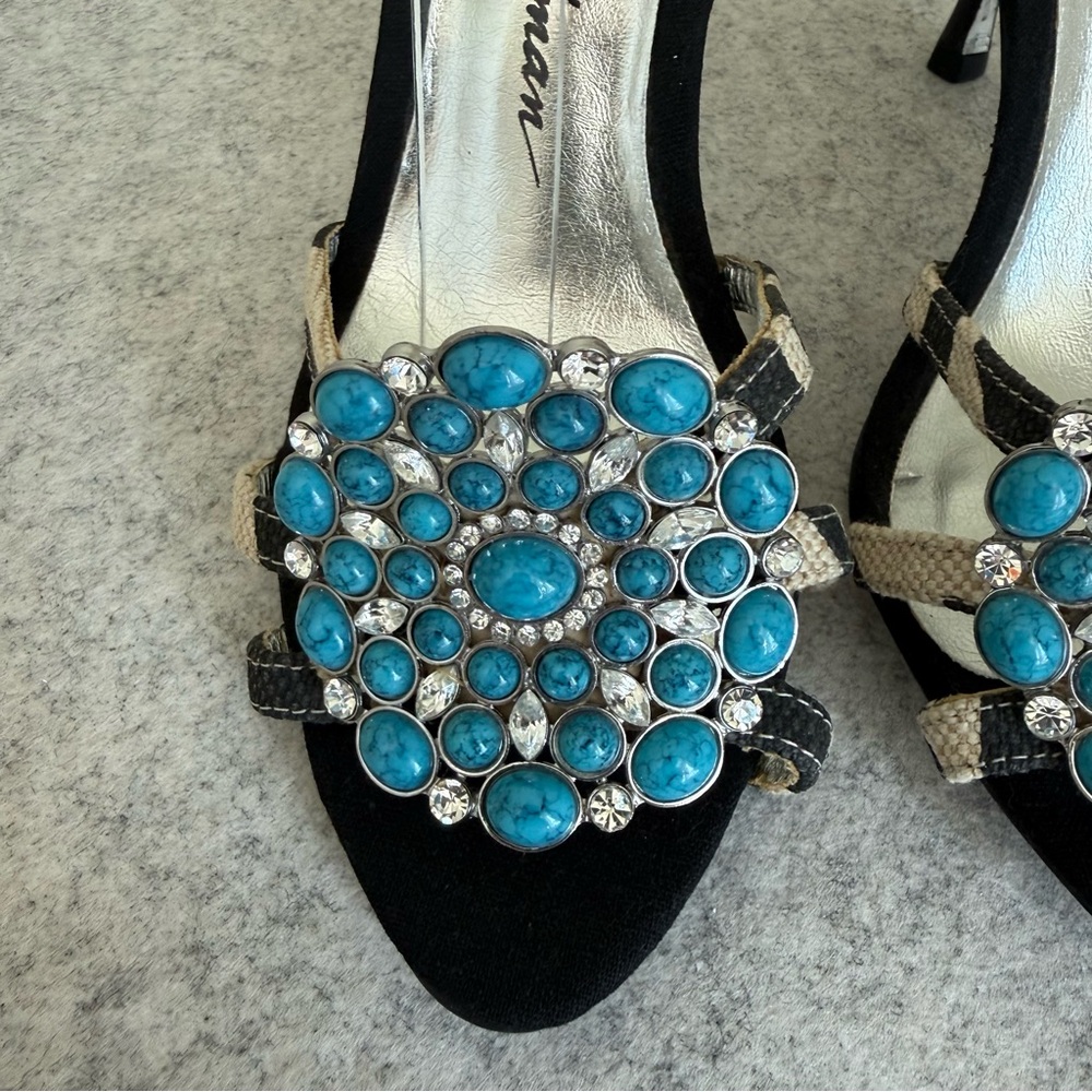 Beverly Feldman Chic Turquoise Embellished Slingback Heels Sz 6 Heeled Sandals - Picture 8 of 12